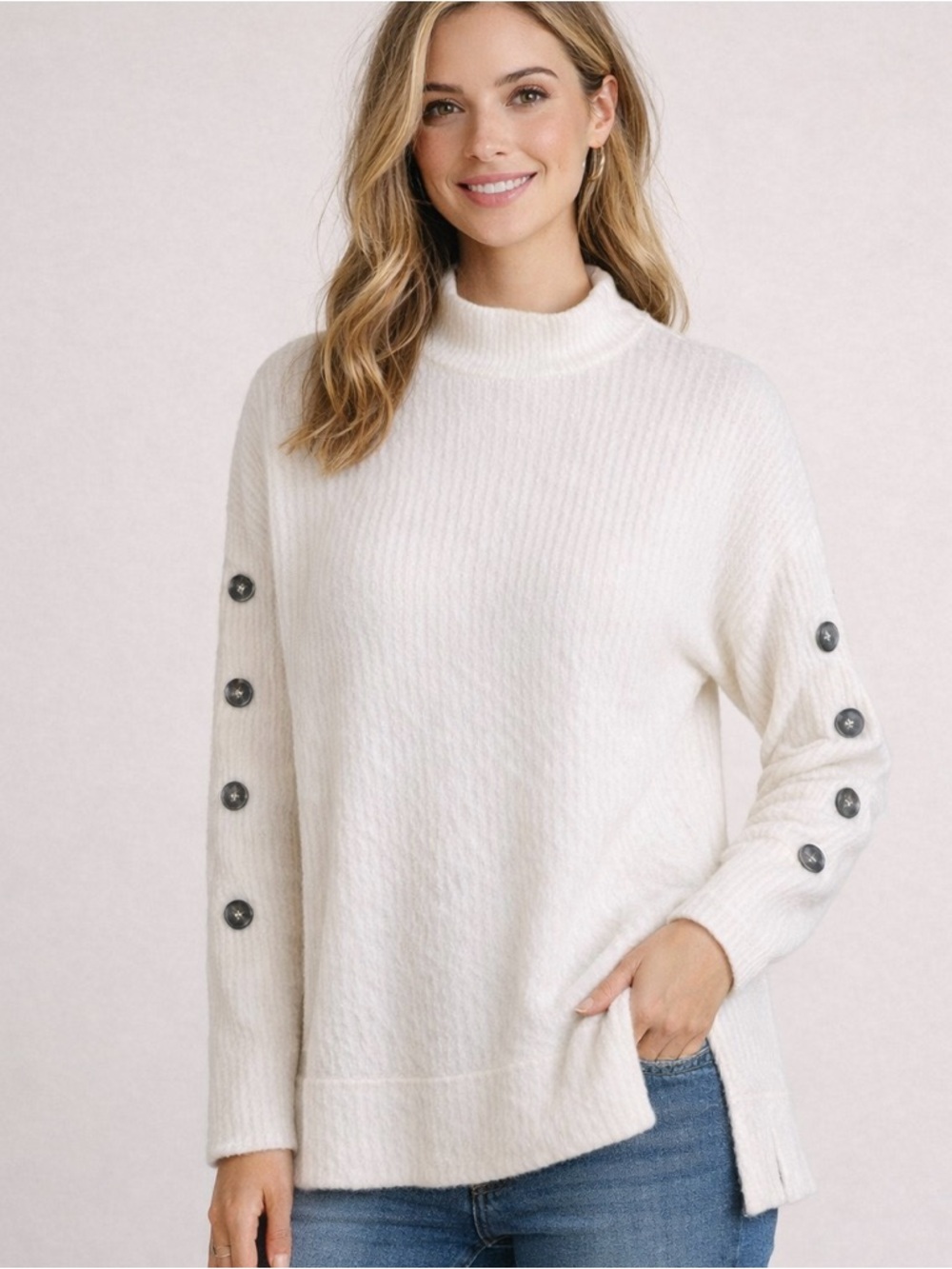 FD Fred David White Ribbed Tunic Sweater Button Sleeve Soft Cozy Small
